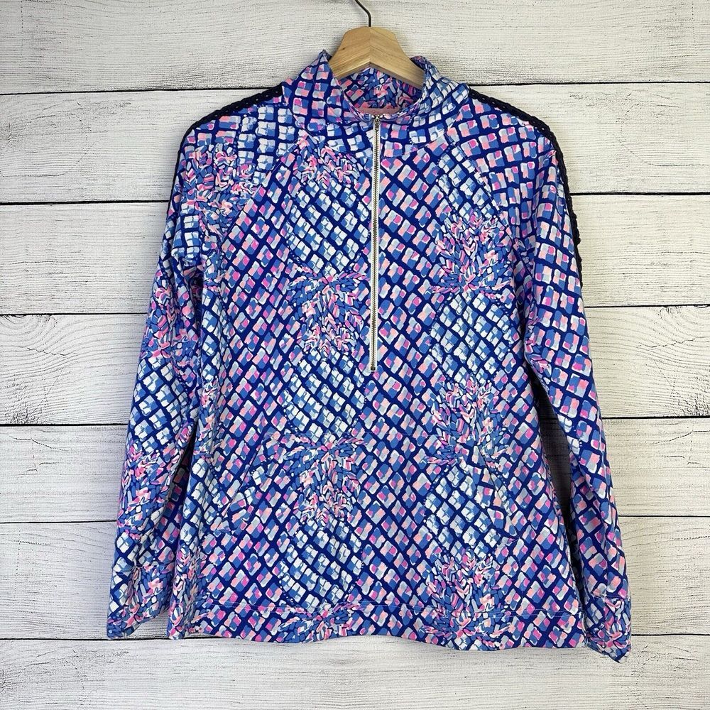 LILLY PULITZER Skipper Pullover Top Womens Small Royal Blue Pink Crochet Trim